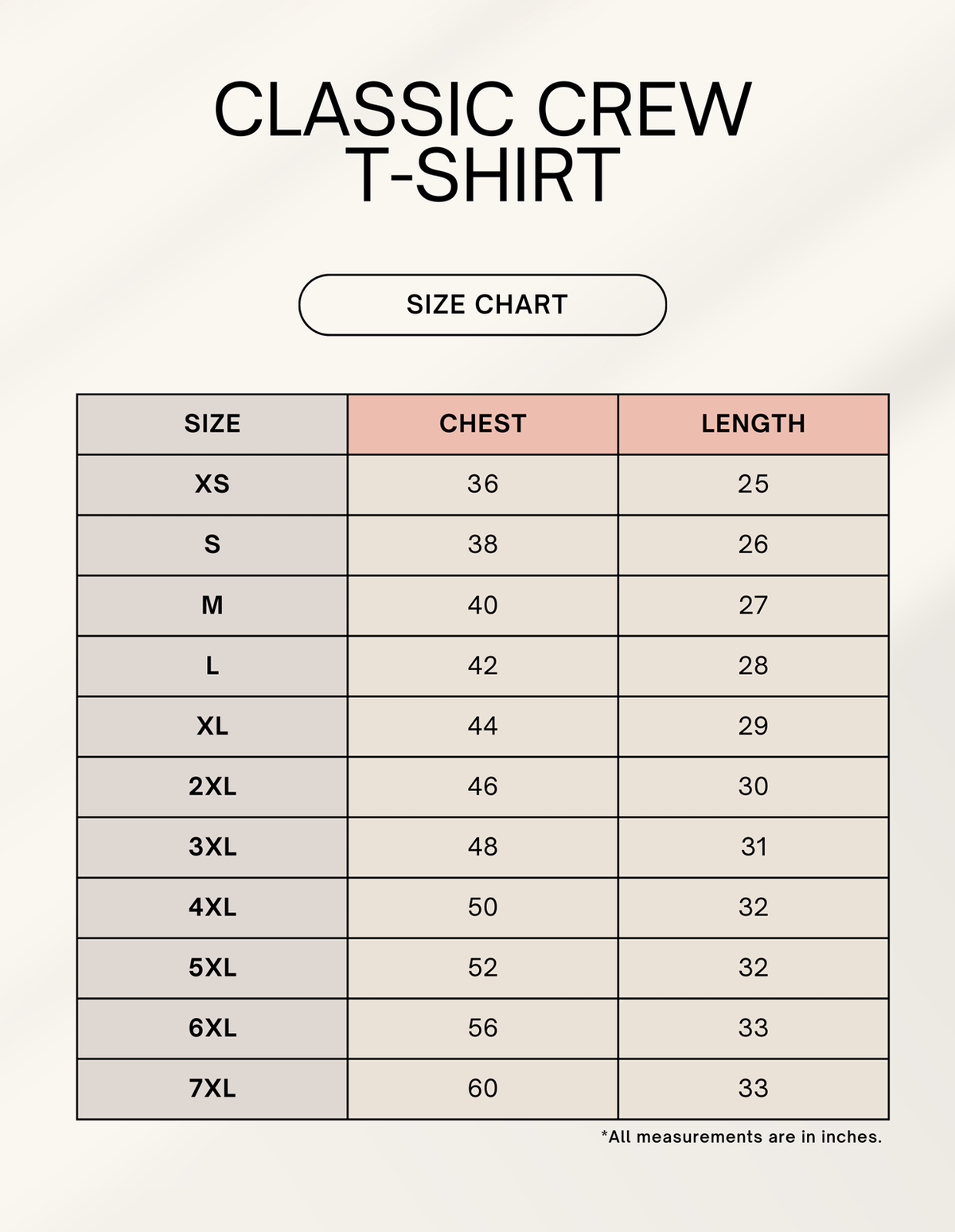 TEES of CHAOS classic crew t-shirt size chart