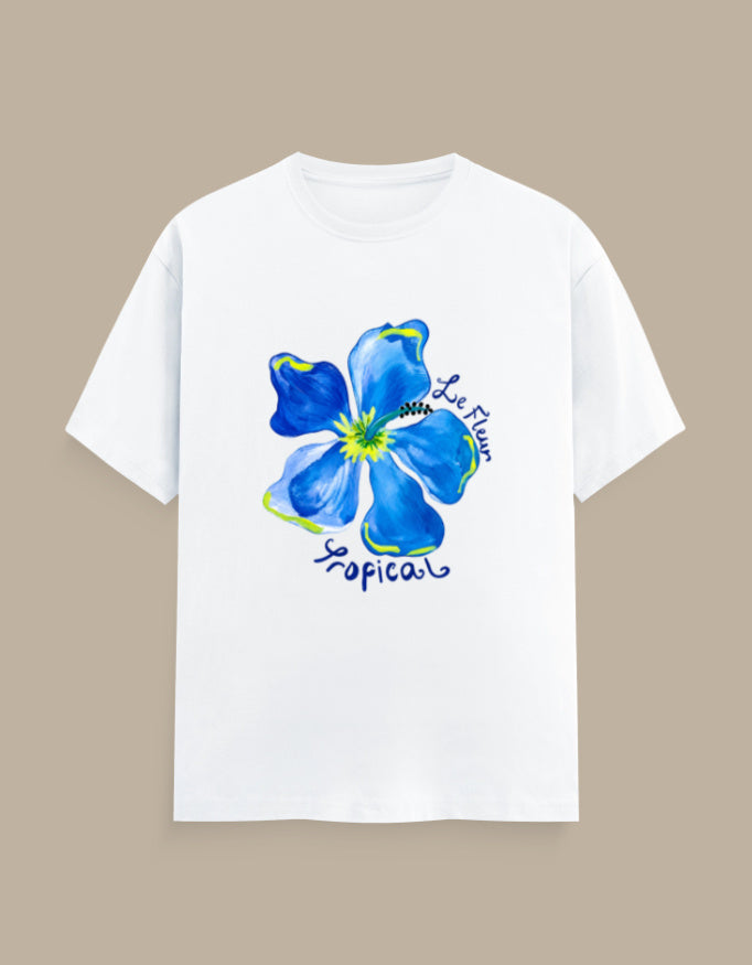 Le Fleur tropical bloom floral t-shirt, white, front view
