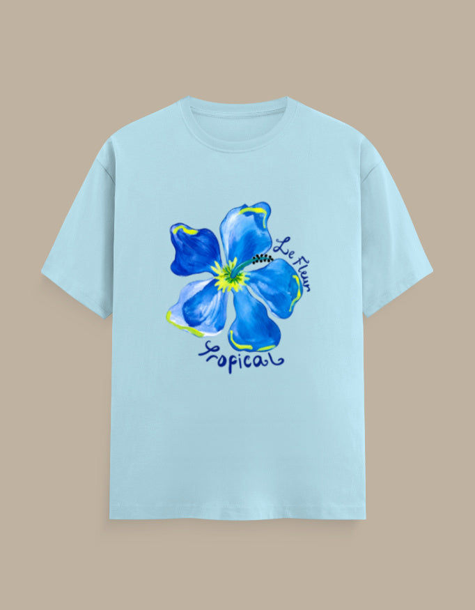 Le Fleur tropical bloom floral t-shirt, baby blue, front view