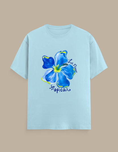 Le Fleur tropical bloom floral t-shirt, baby blue, front view
