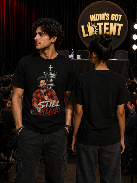 Samay Raina Still Alive chess comedy graphic tee, black, front view
